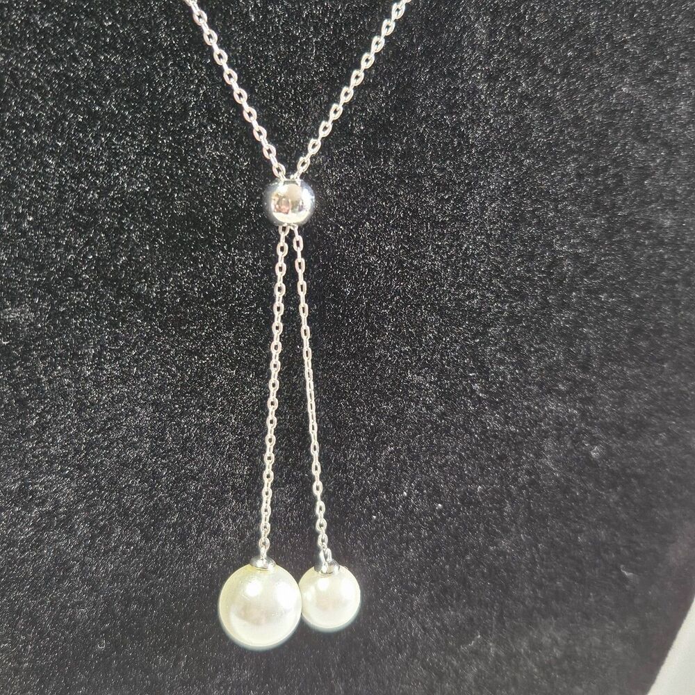 Sterling silver dangling faux pearl adjustable necklace 20-22"
